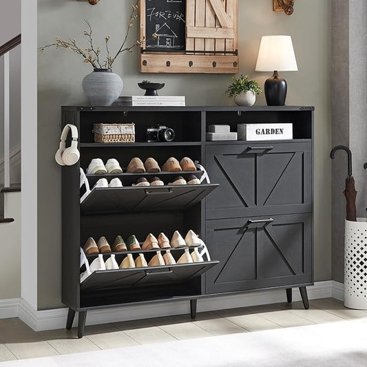 Shoe Storage Cabinet, Farmhouse Shoe Organizer with 4 Flip Drawers & Barn Door,Freestanding Hidden Slim Narrow Shoe Rack with Open Shelves for Entryway, Foyer, Hallway, Black by Barnyatoh