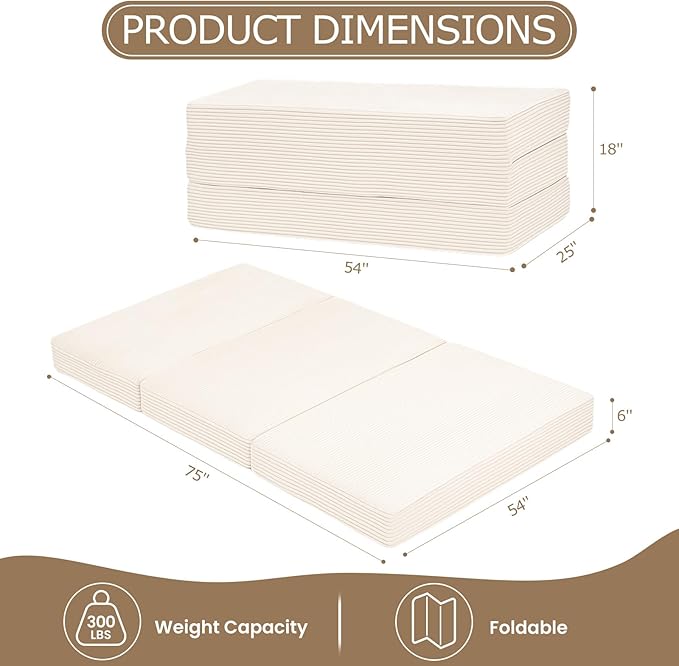 6-Inch Tri-Folding Mattress Full Size - Foldable Futon Sofa Bed with Removable Washable Cover, Folding Futon Mattress | Non-Slip Bottom & Carry Handles for Guest, Camping, Dorm