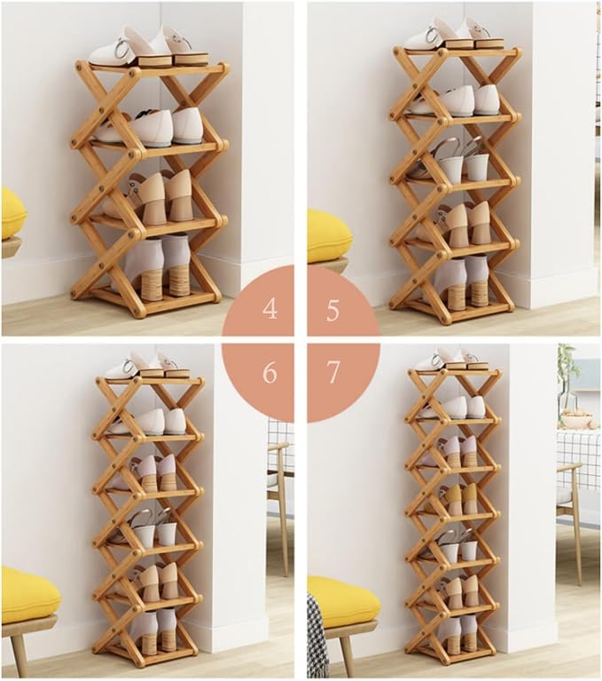 Foldable Shoe Rack, Bamboo Vertical Shoe Organizer Tall for Small Spaces. Multifunctional Narrow Shoe Shelf for Entryway, Closet, Corner, Bedroom, Hallway, Wood Color 6 Layers - Image 6