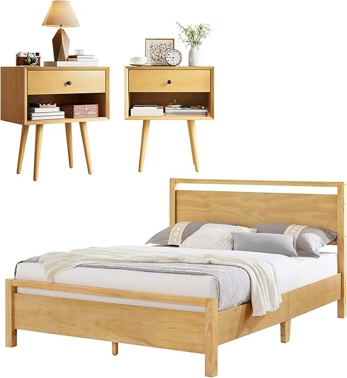 AMERLIFE 3 Pieces Solid Wood Bedroom Set, King Platform Bed Frame with Headboard and Fully Assembled Nightstand Set of 2 with Storage Drawer, Modern Bedroom Furniture Set, Natural