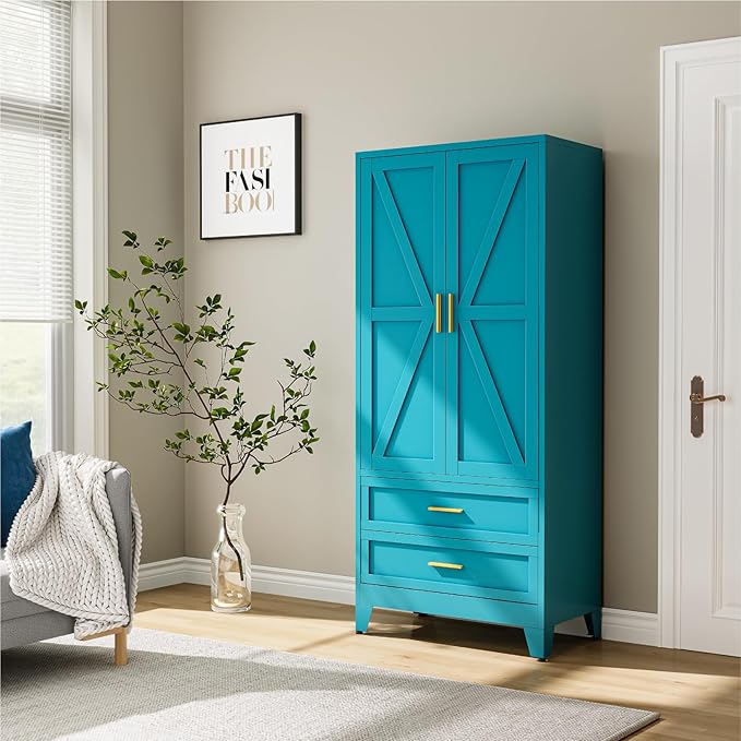 Metal Wardrobe Cabinet, 71" Tall Armoire Wardrobe Closet with 2 Drawers, Hanging Rod and Adjustable Shelf, Farmhouse Clothing Storage Cabinet for Bedroom, Laundry