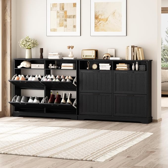 Shoe Storage Cabinet with 4 Flip Drawers, Farmhouse Modern Hidden Shoes Rack Cabinet with Adjustable Shelves & Open Storage, Narrow Slim Shoe Organizer for Front Door Entrance, Entryway, Hallway,Black - Image 6