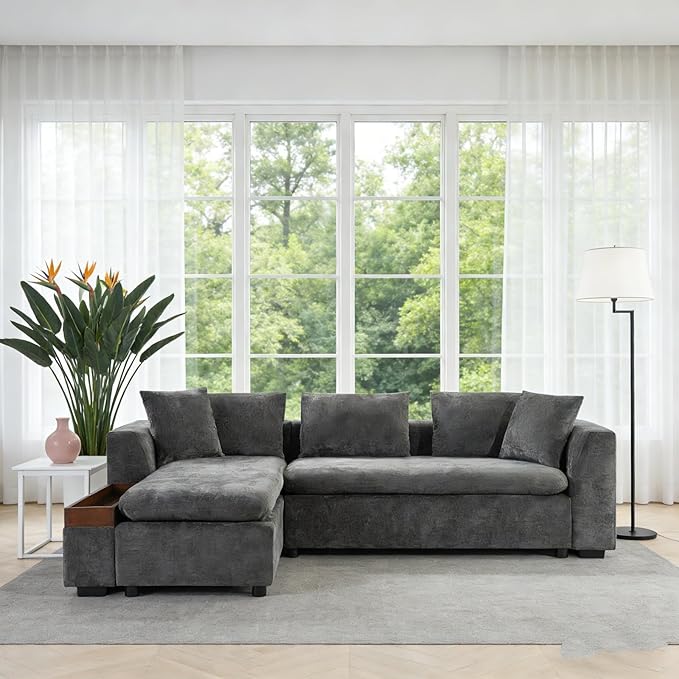 93.7" L-Shaped Sectional Sofa with Storage Chaise, Modern Couch for Living Room, Chenille Upholstered Couch with Deep Seats & Throw Pillows, Modern Corner Sofa for Living Room, Brown