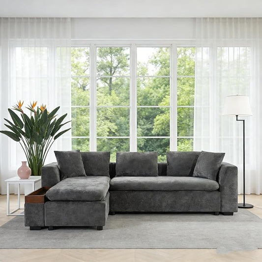 93.7" L-Shaped Sectional Sofa with Storage Chaise, Modern Couch for Living Room, Chenille Upholstered Couch with Deep Seats & Throw Pillows, Modern Corner Sofa for Living Room, Brown