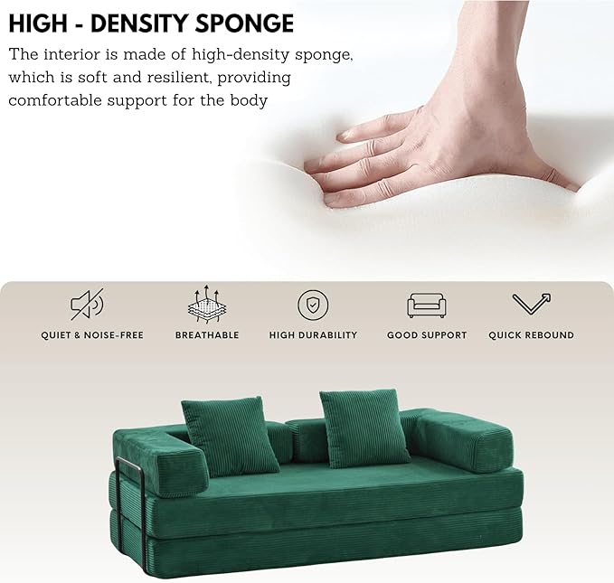 4-in-1 Folding Convertible Sofa Bed, 77" Floor Couch with Pillow - Corduroy Fabric & High-Density Sponge & Fixed-Shape Frame, Modular Sofa for Living Room/Lounge/Studio, Green