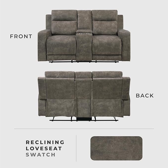 Lexicon Manual Double Reclining Loveseat, Textured Microfiber Manual Wall Hugger Loveseat Recliner for Living Room, Center Storage Console/Cup Holders/Track Arm, Easy Assembly, Brown