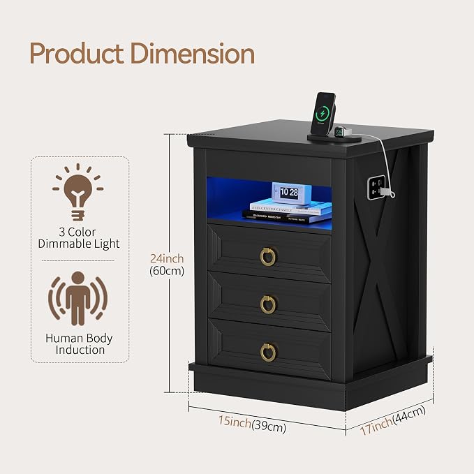 Lvifur Farmhouse Nightstand with Gun Drawer Set of 2, Human Sensor LED Bedside Table with LED Lights & Charging Station, Rustic Wood Sofa Side End Table with 3 Drawers for Bedroom (Blackx2) - Image 2