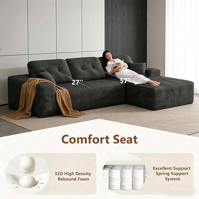 Ball & Cast Cloud Couch Sectional with L-Shaped Chaise,106''Corduroy Upholstered Modular Sectional Sofa,Deep Seat Sectional Couches for Living Room,No Assembly Required,Right Facing Chaise (Grey)