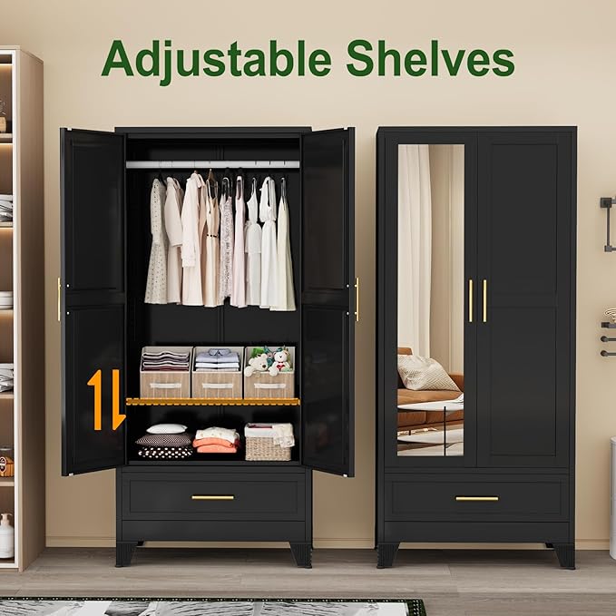 winiowa Metal Armoire Wardrobe Closet with Drawer, 71" Wardrobe Cabinet with Adjustable Shelves and Hanging Rod, Clothing Storage Cabinet Closet with Mirror for Bedroom-Black