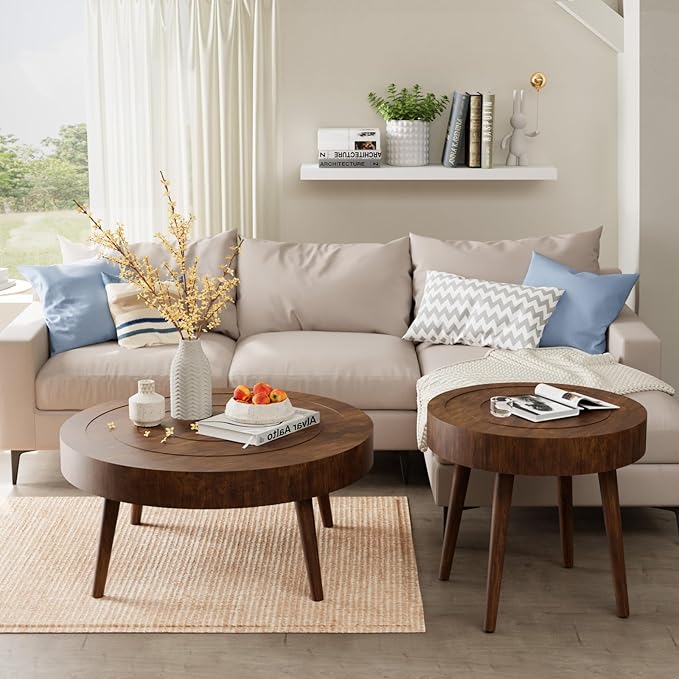 COSIEST Round Coffee Table Set of 2, Nesting Tables with Circle Pattern, Modern End Table for Living Room, Farmhouse, Brown