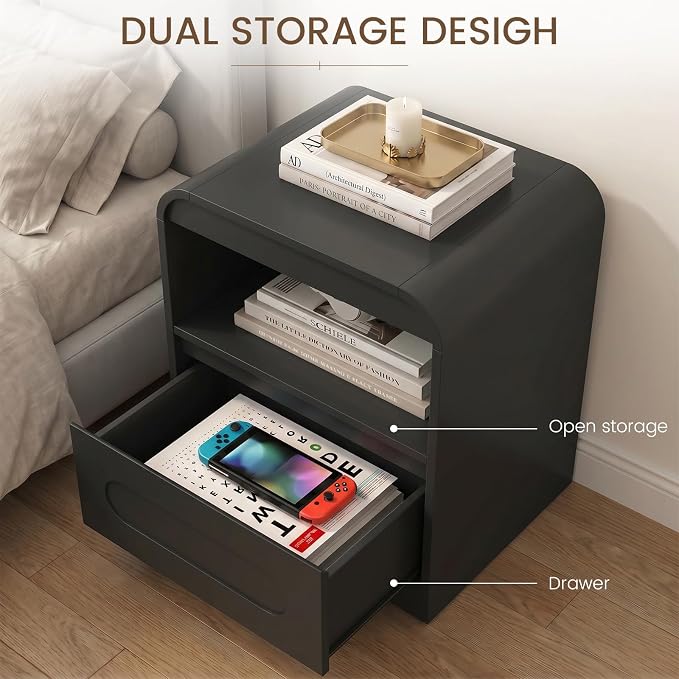 Night Stand with Drawers, Wood Nightstand, Bedside Side Table with Open Storage, Curved Corners, Hidden Handle, Modern Night Stands End Table for Bedroom Sofa Couch Office (Black) - Image 3