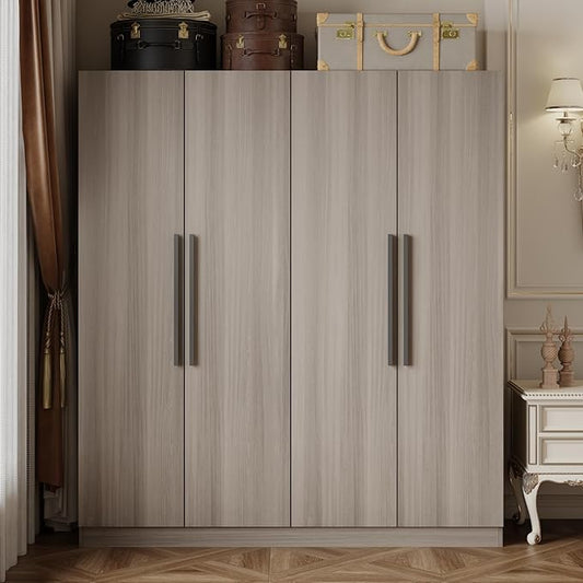 AGOTENI Armoire Wardrobe Closet with 4 Doors & 2 Hanging Rods, Wooden Clothing Storage Cabinet with Shelves for Bedroom, Grey Wood Grain, 19.7" D x 63" W x 70.9" H