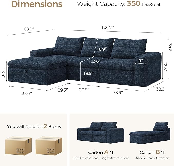 106.7" Modular Sectional Sofa with Deep Seat, Upholstery L Shaped Cloud Couch for Living Room, 3-Seater Modern Boneless Sofa with Movable Ottomans, Removable Cover, No Assembly Required, Aqua Blue