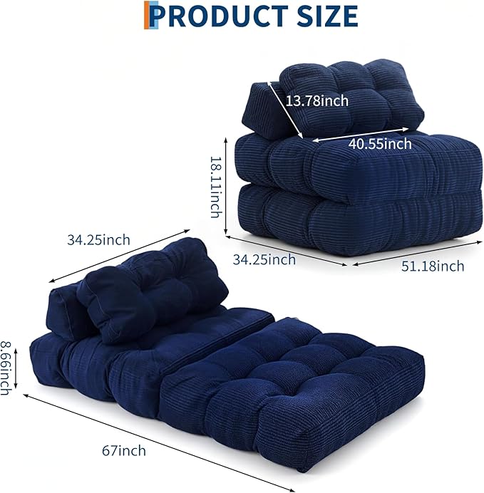 Garvee Folding Sofa Bed, Convertible Sleeper Chair with Pillow Foldable Mattress with Back Support, Boneless Fold Out Chair Bed Comfy Floor Sofa Lounge for Living Room, Bedroom, Navy Blue, Single
