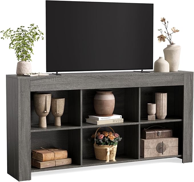 LITTLE TREE TV Stand with Storage, 63-Inch Entertainment Center with Shelves, Modern Media Console for Television up to 65" for Living Room, Bedroom, Grey + Black by LITTLETREE