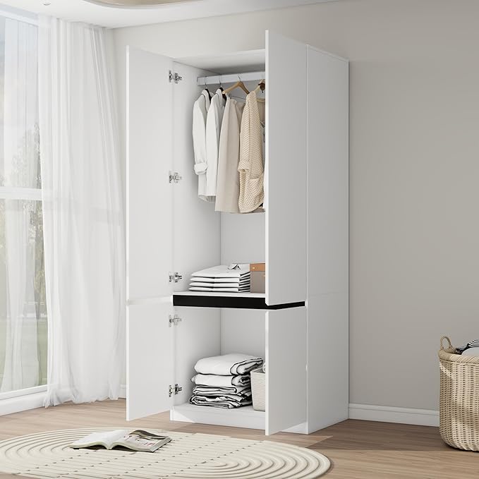 Bedroom Armoire Wardrobe Closet with 2 Doors: 75" White Wardrobe Cabinet for Clothes, Wooden Closet with Hanging Rod, Modern Armoire with Shelves (1)