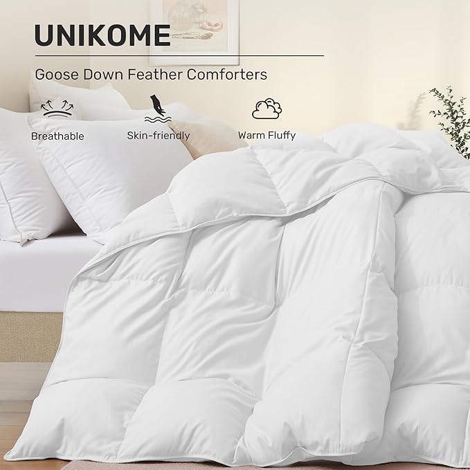 UNIKOME Goose Feather Down Fiber Comforter - All Season Duvet Insert Queen with Soft Downproof Cover, Cloud-Like Fluffiness Bed Comforters with Corner Tabs (Full/Queen, White, 88"X88")