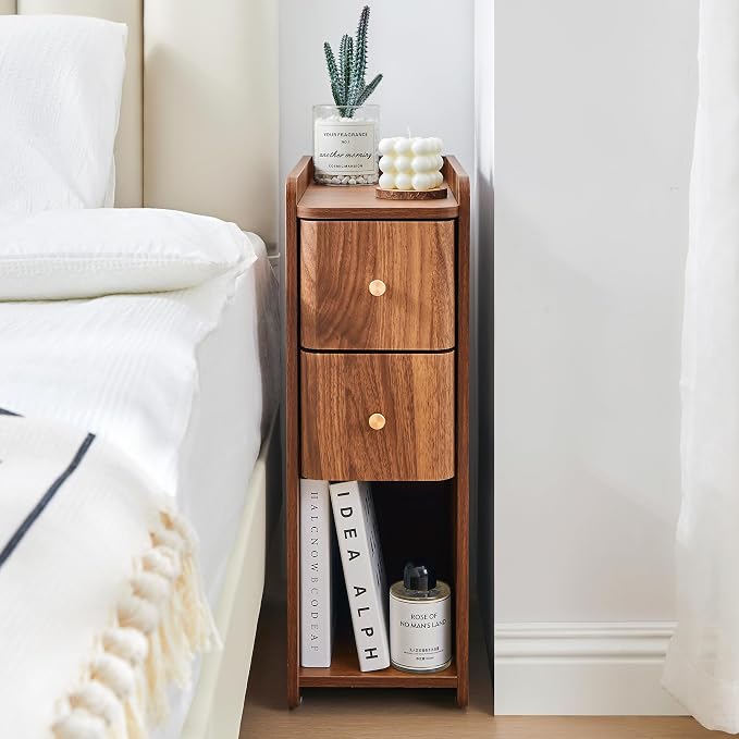 Narrow End Table Bedroom, Wooden Small 2 Drawer Nightstand, Thin Couch Side End Table, Skinny Bedside Table Small Spaces, Mid Century Modern Night Stand with Drawers (Walnut-1 pc) - Image 8