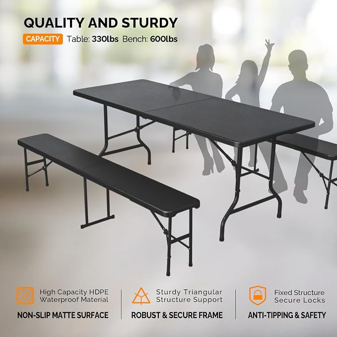 VINGLI Picnic Table Set with 2 Benches, 6 Feet Camping Table Chair Set, 3-Piece Folding Furniture for Indoor or Outdoor Use, Tree Patterned HDPE Tabletop, Black - Image 4