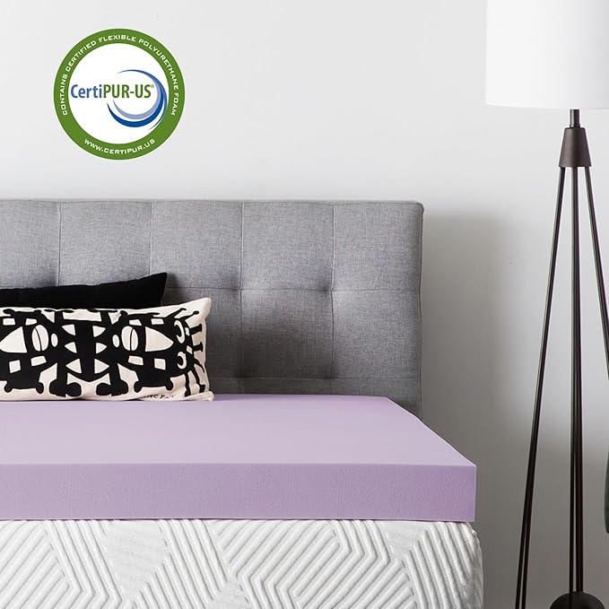 Lucid 4 Inch Lavender Memory Foam Mattress Topper, King Size – Essential Oil Infusion – Ultra Plush Feel, Pressure-Relieving Bed Topper – Ventilated and Breathable – CertiPur Certified