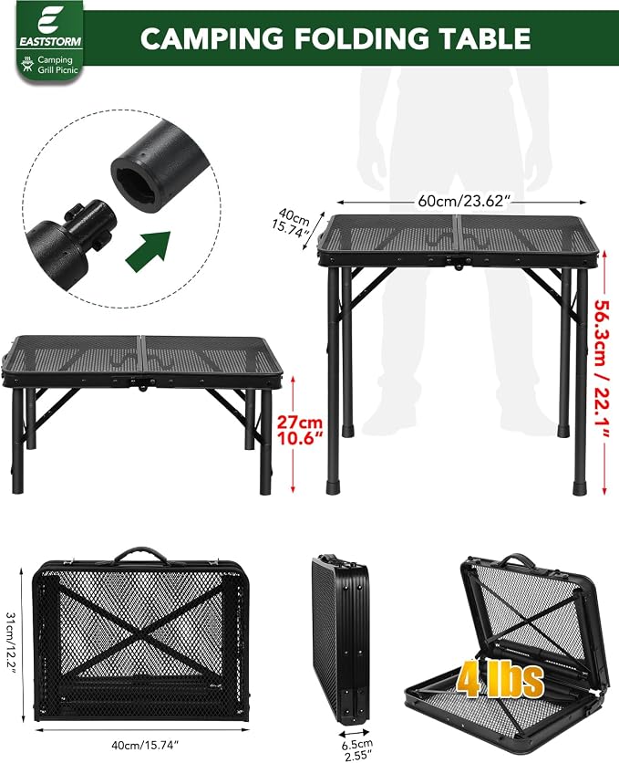 2Ft Small Folding Table with Carry Handle, Camping Table Adjustable Height 10.6–22 in, Black Metal Mesh, Portable & Compact for Outdoor/Indoor,Grill Table, 23.6×15.8 in, 4 lb, 66 lb Capacity - Image 3