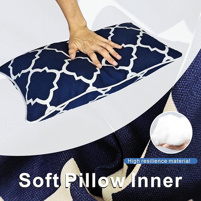 JMGBird Water-Resistant Outdoor Pillows Set of 2, 12x20 inch Durable Navy Blue Grid Pattern Throw Pillows with Inserts for Patio Furniture