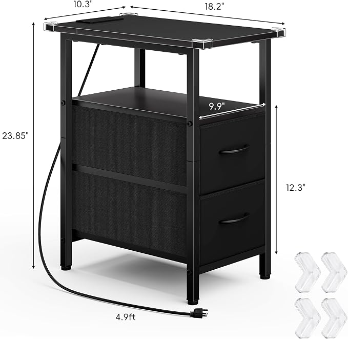 Vagusicc End Table with Charging Station Set of 2, Narrow Side Table, 23.8'' Tall Nightstand with 2 Drawers, Small Sofa Side Table Narrow Nightstand for Small Spaces, Living Room, Bedroom, Black - Image 3