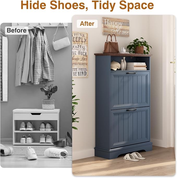Shoe Storage Cabinet with 2 Flip Drawers, 24" W Farmhouse Modern Hidden Shoes Rack with Adjustable Shelves & Open Storage, Narrow Slim Shoe Organizer for Front Door Entrance, Entryway, Navy Blue - Image 4