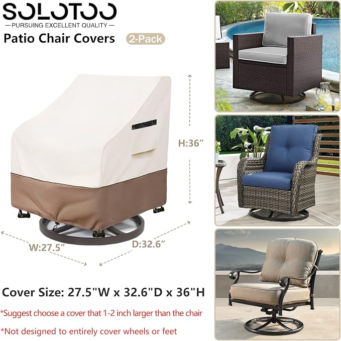 Patio Chair Covers Waterproof Heavy Duty Patio Furniture Covers, 27.5W x 32.6D x 36H Inches Swivel Outdoor Chair Cover 2 Pack (Beige) - Image 3