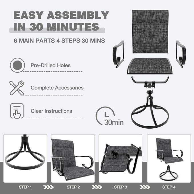 MELLCOM Patio Swivel Chair Set of 8, High Back Padded Textilene Outdoor Dining Chairs with E-Coating Metal Frame, All-Weather Outdoor Furniture Rocker for Backyard, Porch, Garden, Lawn, Grey - Image 8