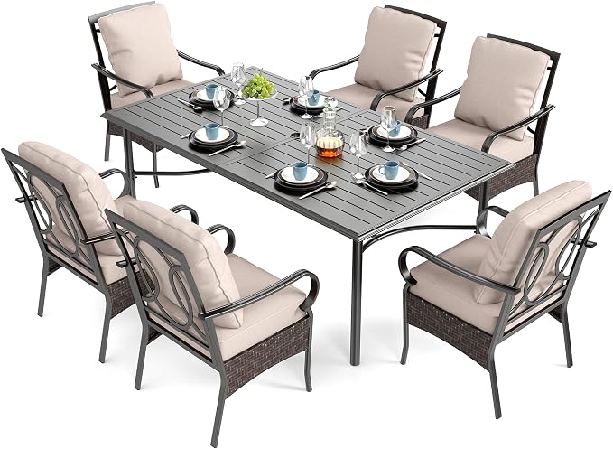 SUNSHINE VALLEY 7 Piece Patio Dining Sets for 6, Outdoor Table and Chairs with Cushioned Wicker Patio Dining Chairs & Black Dining Table (1.57-1.9”Umbrella Hole), Outdoor Dining Sets for Lawn Backyard - Image 9