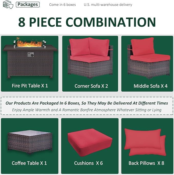 8 Pieces Outdoor Patio Furniture Set,Outdoor Sectional Furniture with 43" 55000 BTU Gas Propane Fire Pit Table,All Weather PE Rattan Wicker Patio Conversation Set,Red