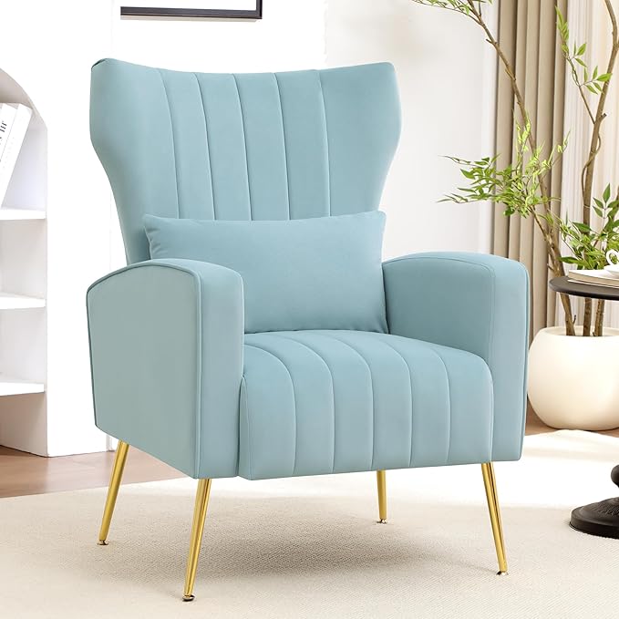 Modern Accent Chair Upholstered Living Room Chair,High Back Arm Chair with Metal Legs Lumbar Reading Chair for Bedroom, Apartment, Small Spaces Sky Blue