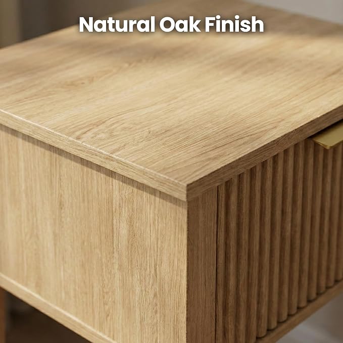 Modern Fluted Small Wood Nightstand, 11.8" Deep x 15.4" Narrow Bedside Table with Drawer & Open Shelf, Boho Scandinavian Accent End Table for Bedroom & Sofa - Oak - Image 5