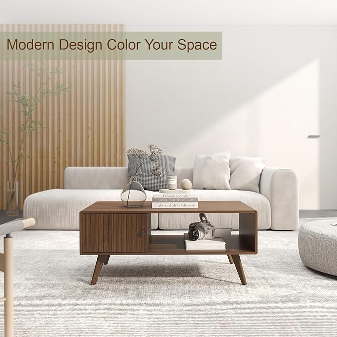 Manora Mid Century Modern Coffee Table with Storage Cabinet and Open Shelf, Wooden Living Room Table with Fluted Drawer and Solid Wood Legs, Walnut Finish Center Table for Small Spaces
