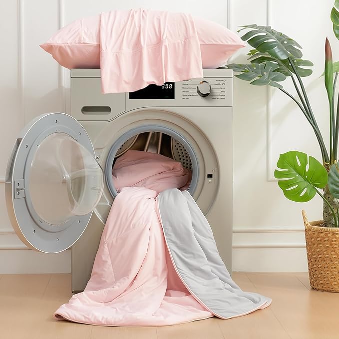 Cozy Bliss Cooling Comforter King Size, Cooling Blankets for Hot Sleepers and Night Sweats,Pink Gray Summer Comforter for King Size Bed, Breathable Soft Lightweight Silk Smooth
