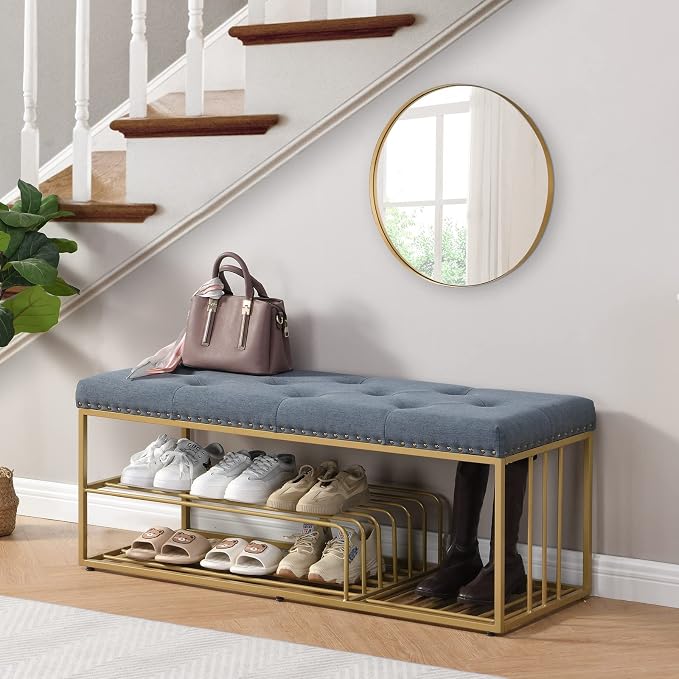 Upholstered Shoe Storage Bench-Nailhead Trim Linen Ottoman Bench with Shoes Rack for End of Bed Entryway Window Bedroom Living Mudroom Room,Blue by FERFALDER