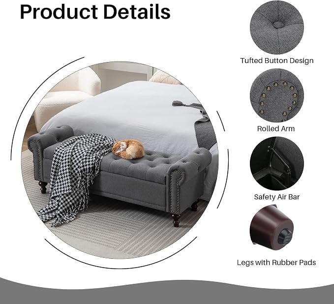 SOFTHION 58.1" Storage Bench Upholstered Linen End of Bedroom Bed Bench Ottoman with Tufted Cushioned Rolled Arm Large Storage Space for Reading Living Room Entryway, Grey - Image 4
