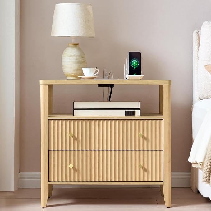 Fluted Nightstand with Charging Station Set of 2, 27.3" Wide Modern Bedside Table with 2 Drawers & Open Shelf, Large Wood End Table with Storage & Metal Handle for Bedroom, Natural Wood - Image 3