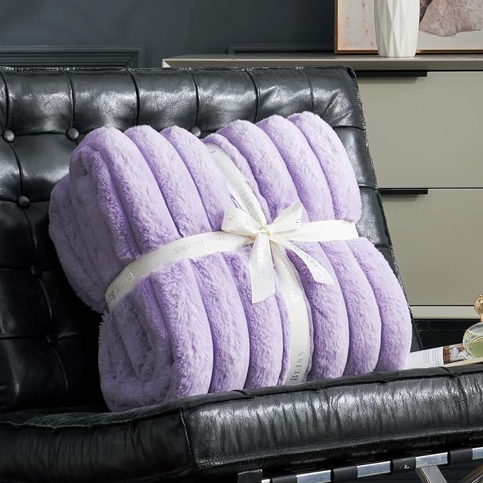 Cozy Bliss Faux Fur Throw Blanket for Couch, Cozy Warm Plush Striped Blanket for Sofa Bedroom Living Room, 50 * 60 Inches Lavender