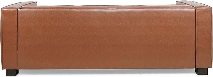 Goyette 3 Seater Sofa - Faux Leather - Cognac Brown/Dark Walnut