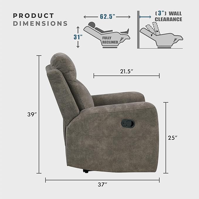 Lexicon Manual Recliner Chair, Textured Microfiber Reclining Sofa Chair, Home Theater Seating, Wall Hugger, Track Arms, Manual Recliner for Living Room/Office/Apartment, Easy Assembly, Brown