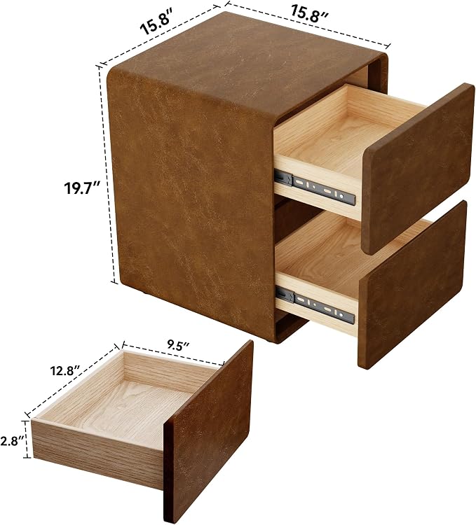 15.8" W Faux Leather Narrow Nightstand, Modern Fully-Assembled Bedside Table with 2 Drawers, Wood Night Stand Small Accent End Table & Side Table for Bedroom, Brown - Image 2
