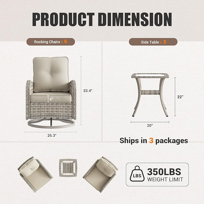9-Piece Patio Rocking Swivel Chair Outdoor Wicker Rattan Bistro Set with Tempered Glass Side Table, Outdoor Patio Furniture Set for Garden, Deck, and Balcony, White
