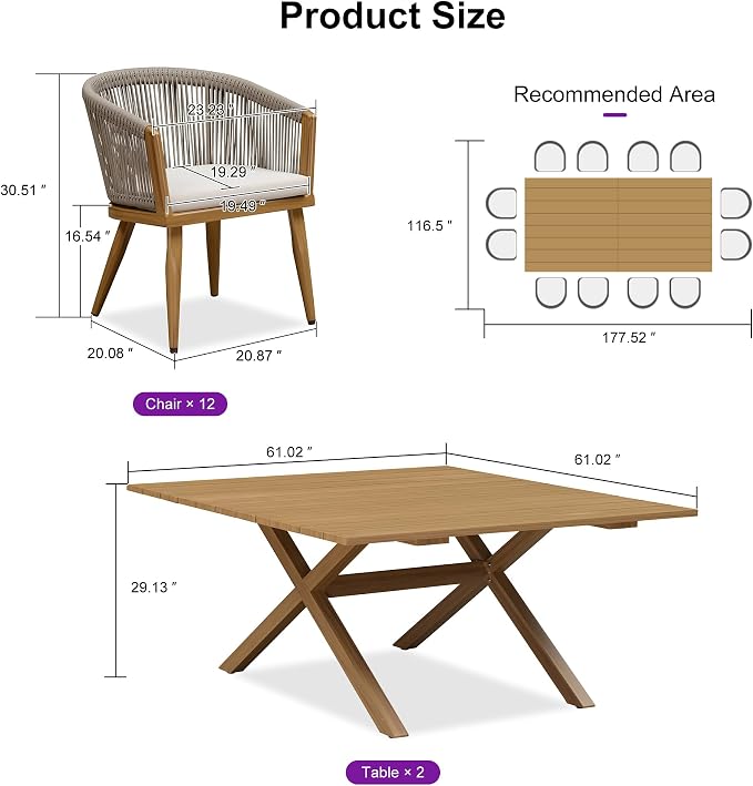 PURPLE LEAF Patio Dining Set for 12 All-Weather Wicker Woodgrain Aluminum 14 Piece Outdoor Large Table and Chairs Set Included Cushions for Backyard Kitchen Modern Outdoor Furniture Set Teak Color - Image 8