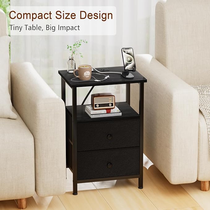LOAKEKEL Night Stand with Charging Station, Small Bedside Table with 2 Fabric Drawers, Nightstand with USB Ports & Outlets for Bedroom, Black, HETS020BK-1 - Image 6
