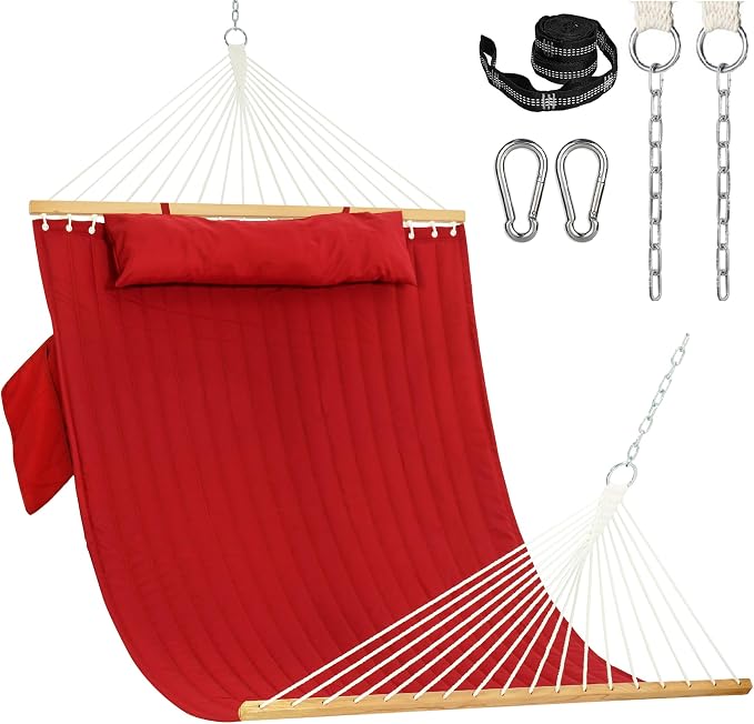 Lazy Daze Hammocks 2 Person Double Quilted Fabric Hammock with Spreader Bar, Detachable Pillow, Side Pocket, Carabiners, Chains, Straps for Outdoor, 450lbs Capacity, Burgundy by LazyDazeHammocks