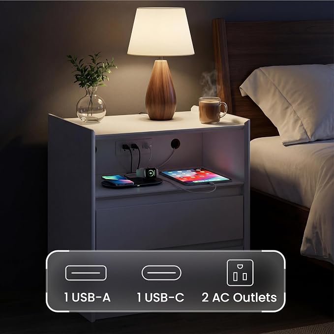 24" Tall Nightstand with Charging Station Including USB-C, Modern Bedside Table and Sofa End Table - White, 2 Drawers, 1-Pack - Image 6