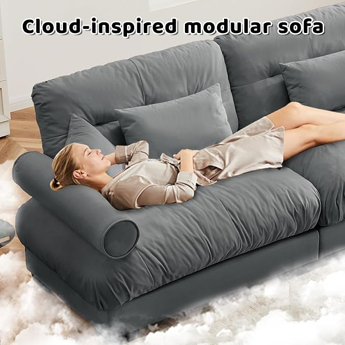 KEIKI 94" Oversized Velvet Modular Sectional Loveseat Sofa with High-Density Foam Cushions and Bolstered Armrests, Upholstered Modern Style 2-Seater Cloud Couch with 4 Pillow, for Living Room, Grey