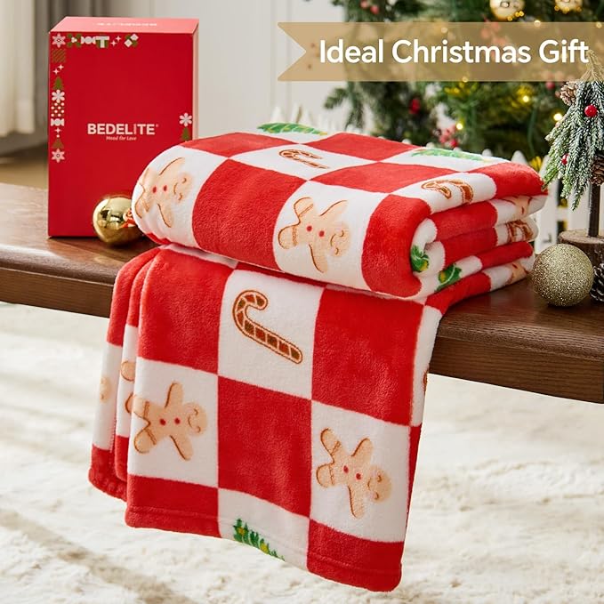BEDELITE Christmas Throw Blanket ?€? Red and White Checkered Holiday Blanket with Gingerbread Man, Candy Cane & Christmas Tree Pattern, Soft Warm Fleece Christmas Blanket for Home D??cor & Gift, 50"x60"